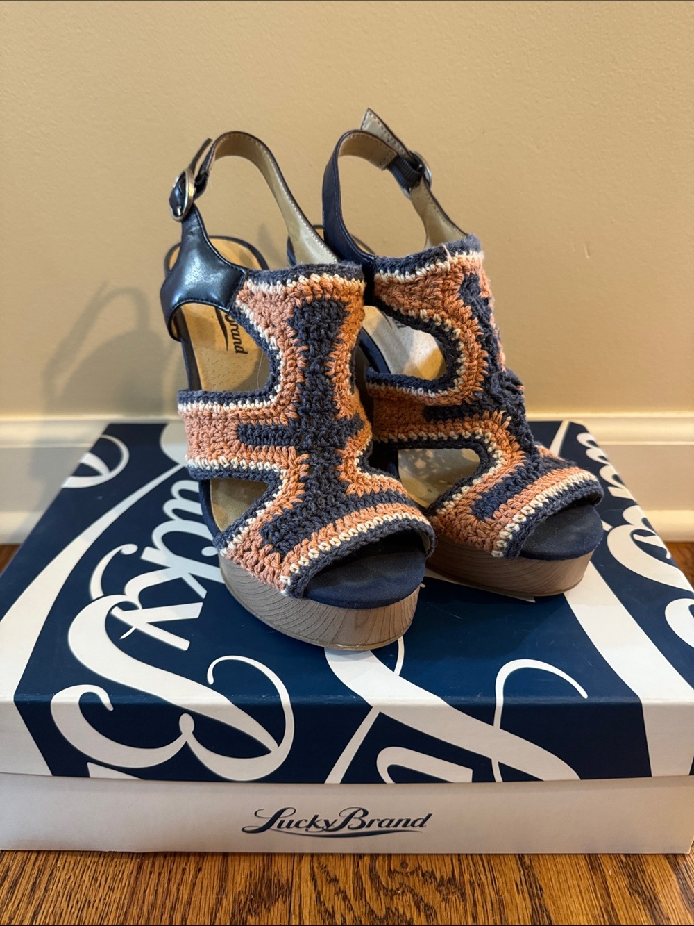 Lucky Brand Moroccan Blue Combo Crochet Platform Heels